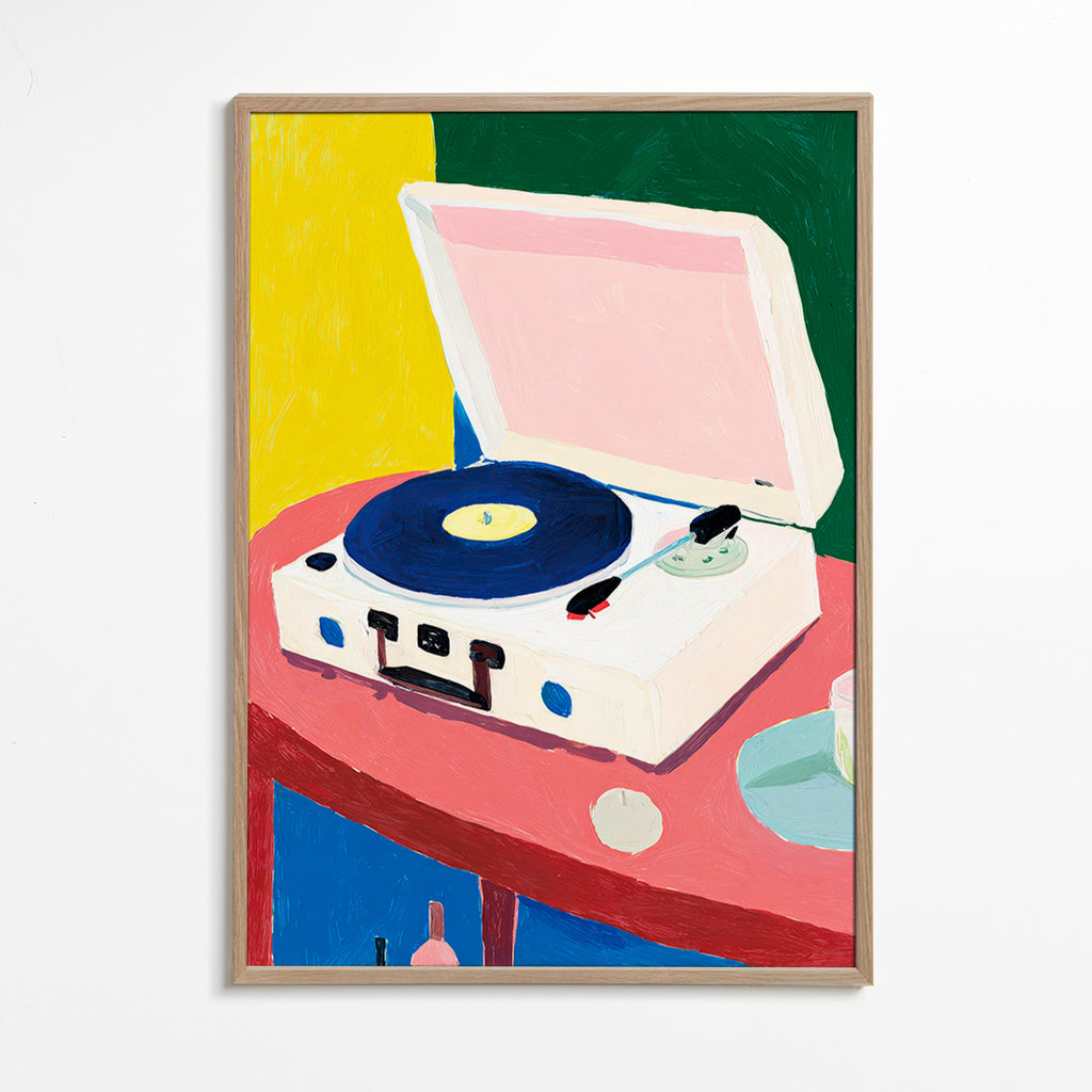 Illustration: vintage pladespiller på bord