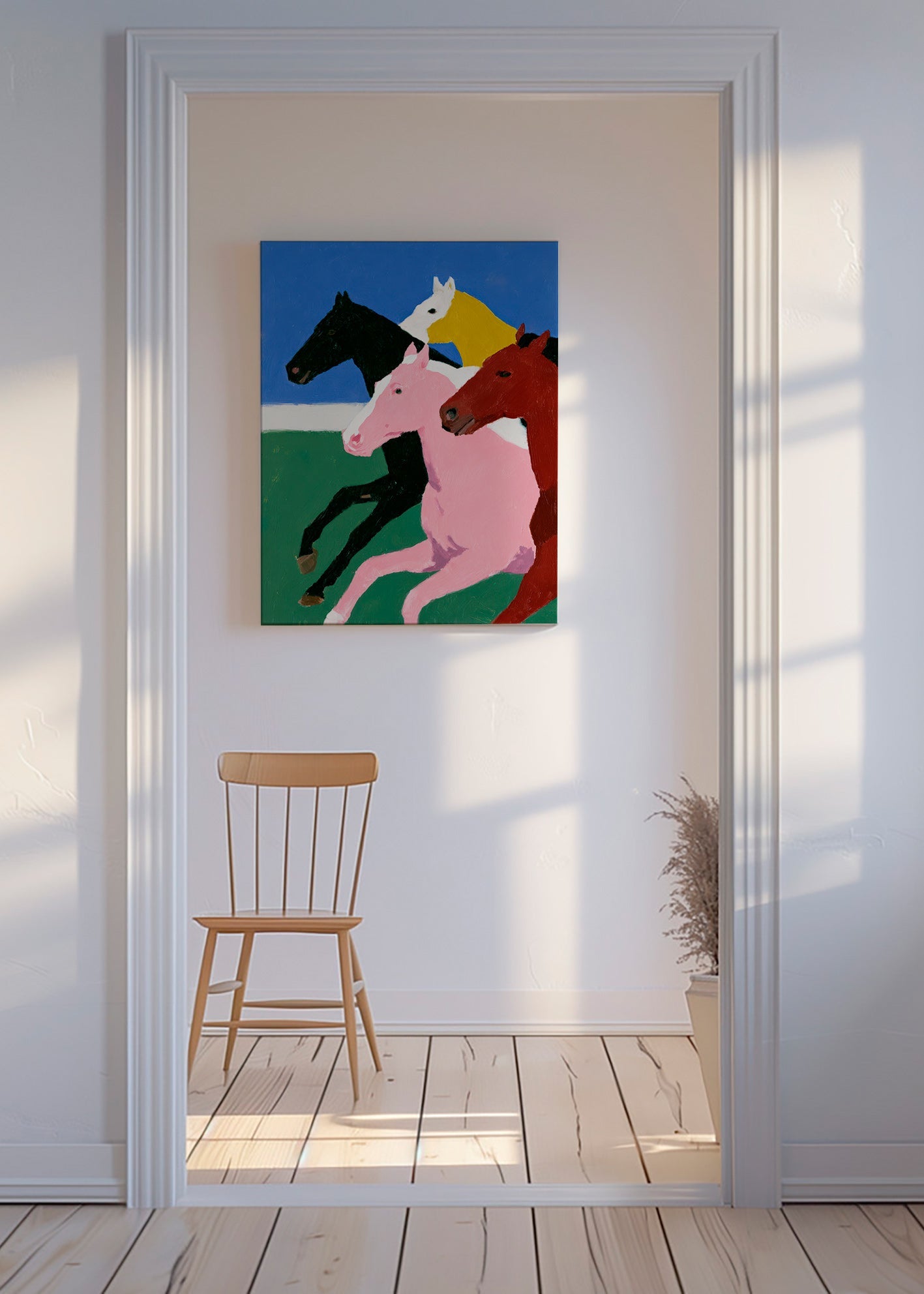 Maleri fire travende heste med flade farver
