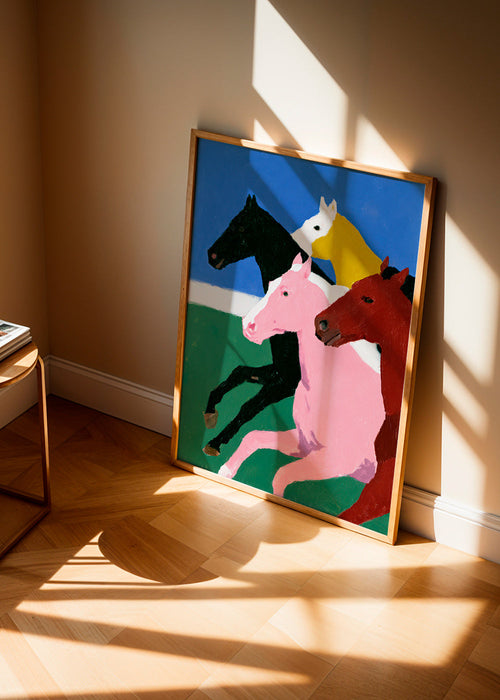 Maleri fire travende heste med flade farver