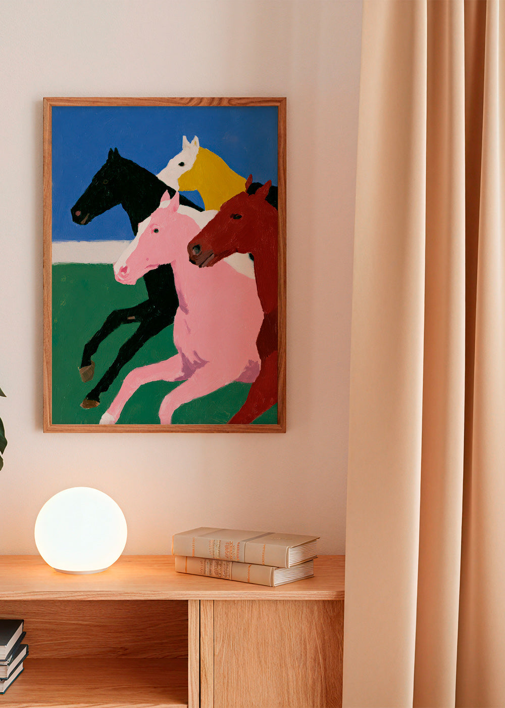 Maleri fire travende heste med flade farver