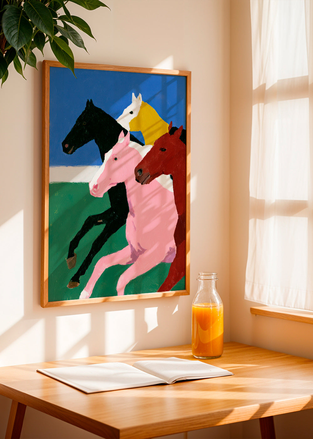 Maleri fire travende heste med flade farver