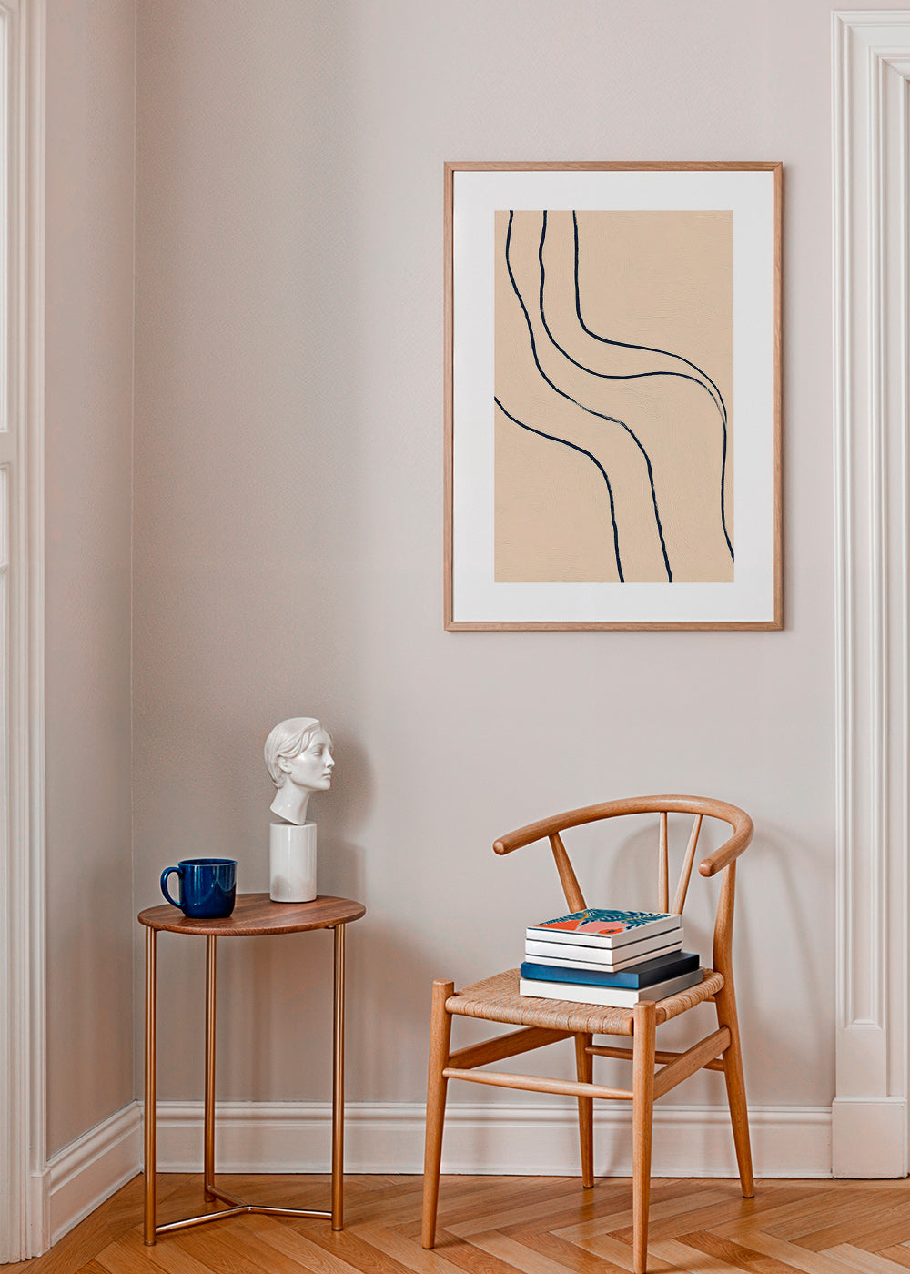 Minimalistisk billede med flydende linjer på beige
