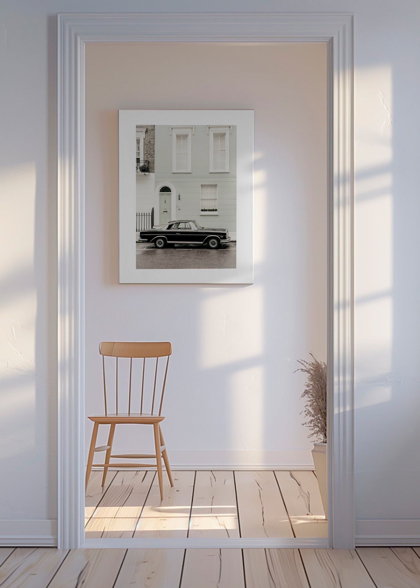 Vintage plakat klassisk bil ved byfacade