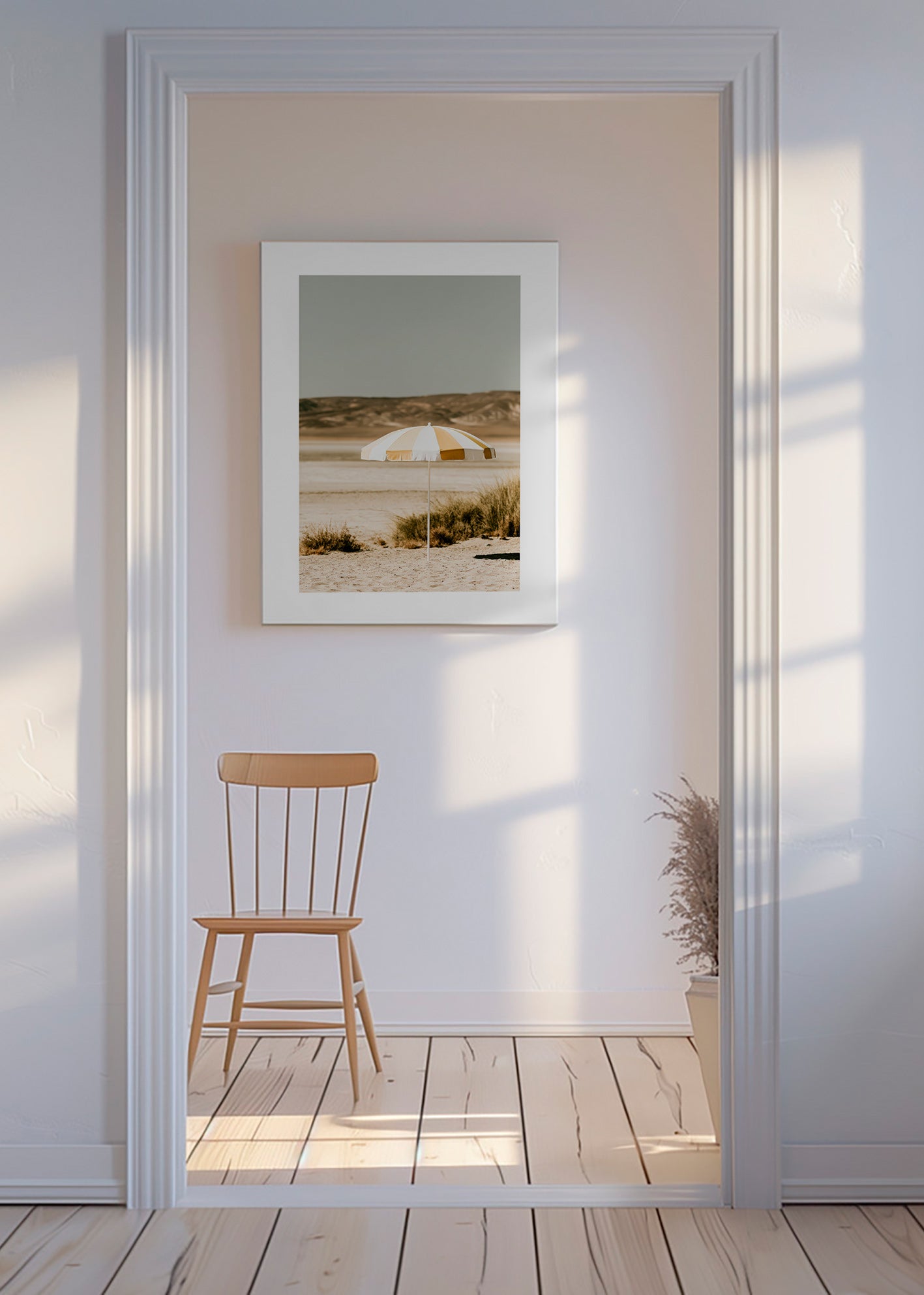 Landskabskunst med stribet strandparasol