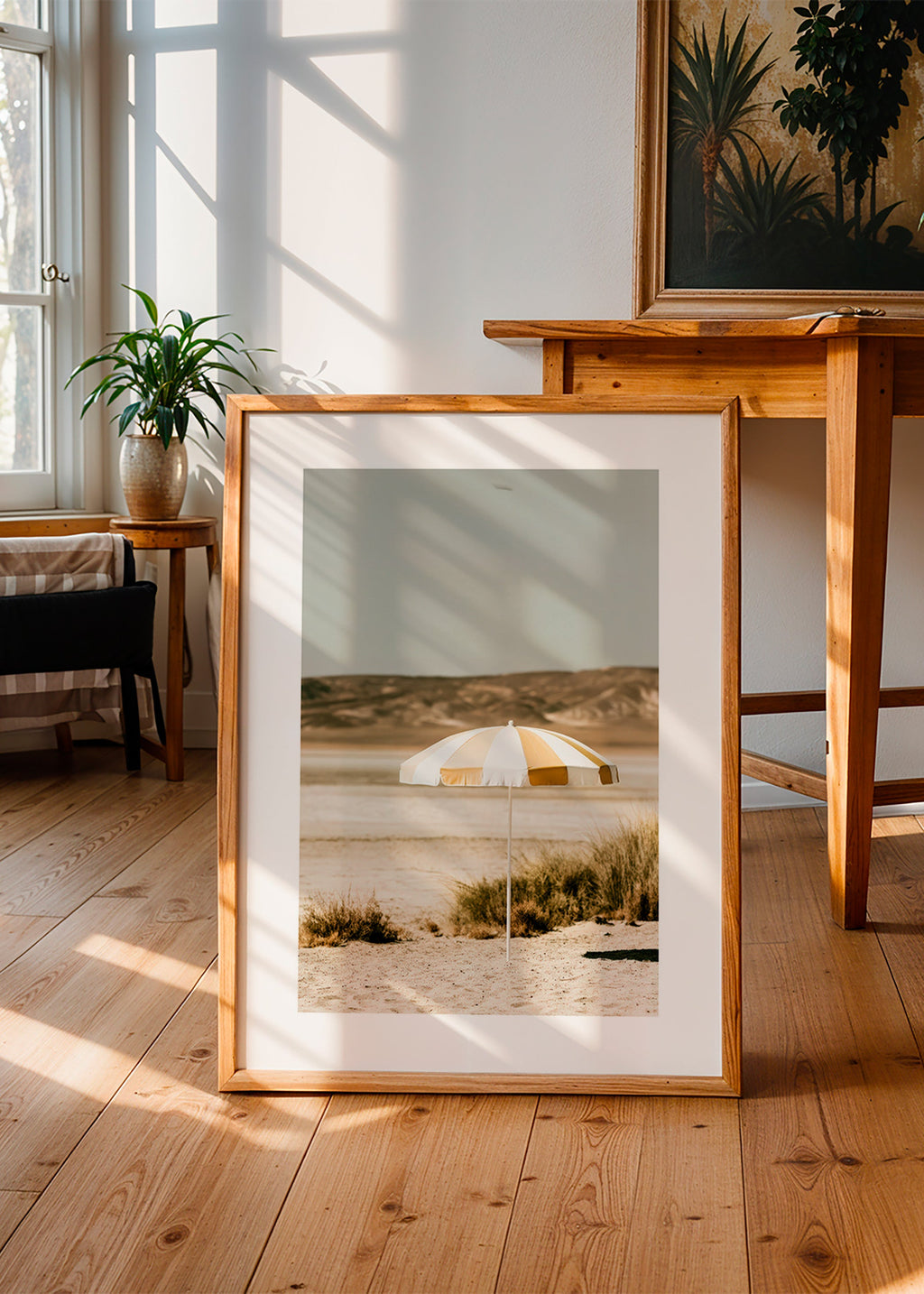 Landskabskunst med stribet strandparasol