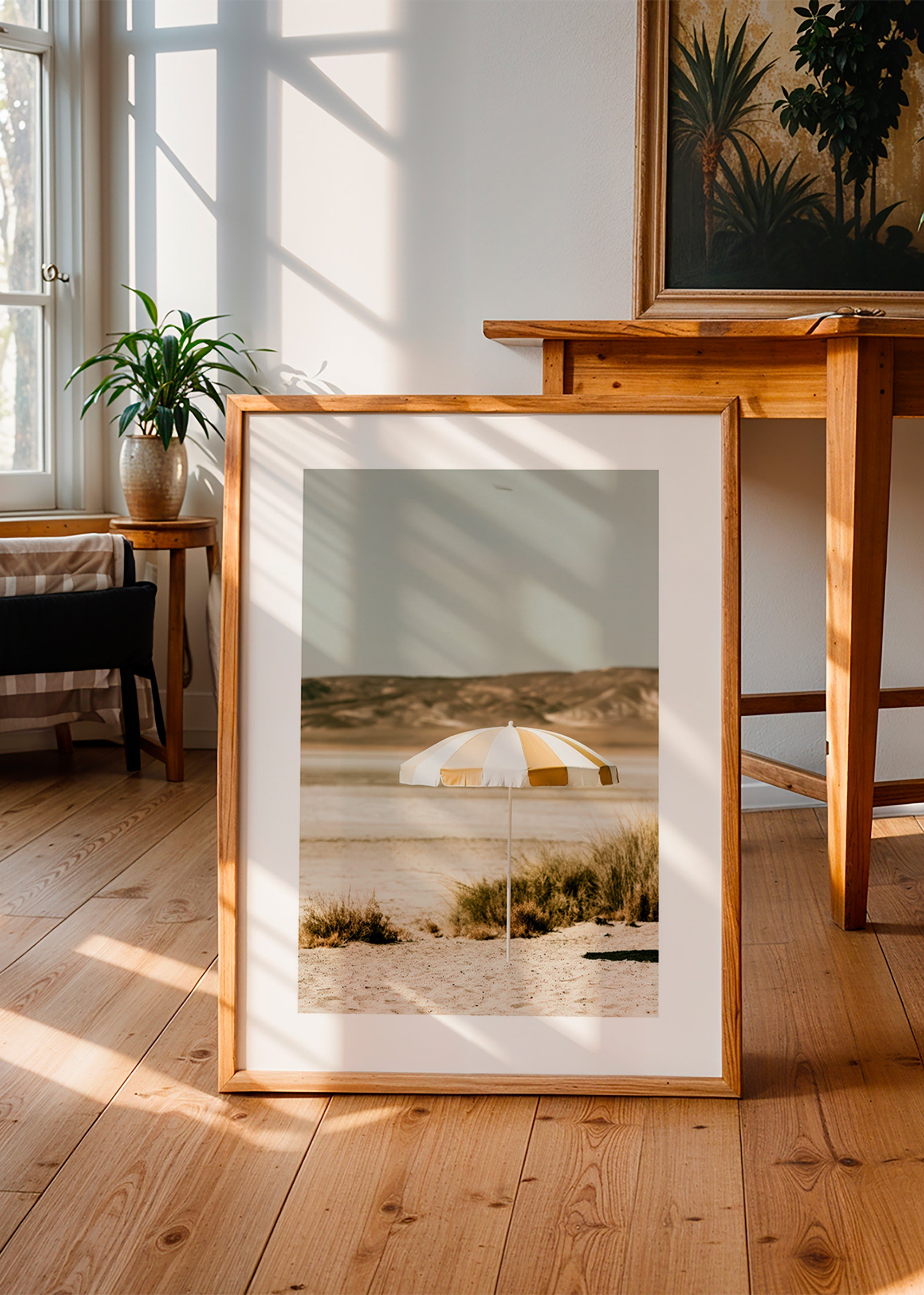 Landskabskunst med stribet strandparasol
