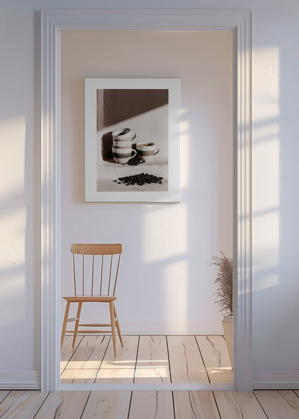 Køkkenkunst med stabler kopper og kaffebønner