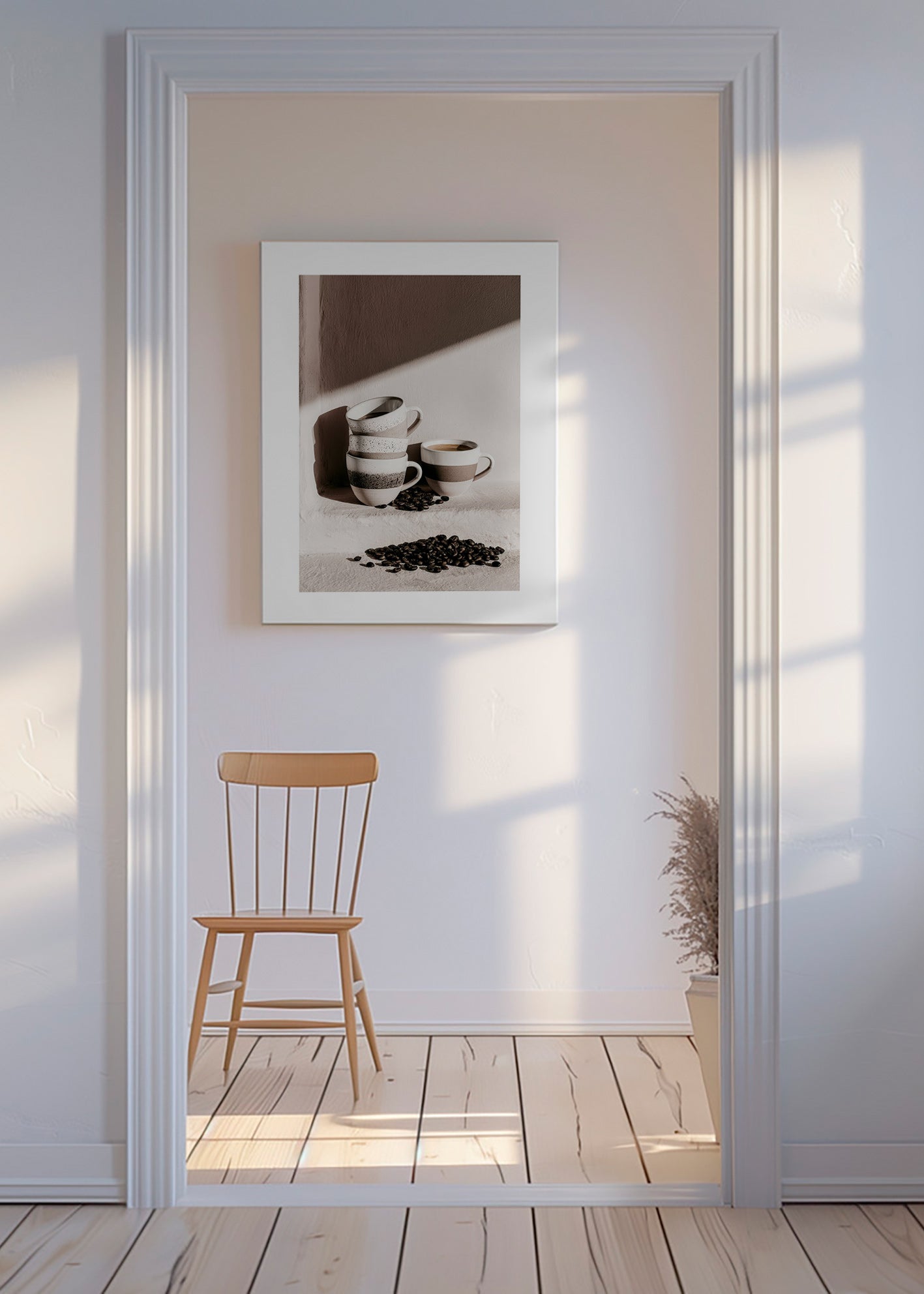 Køkkenkunst med stabler kopper og kaffebønner
