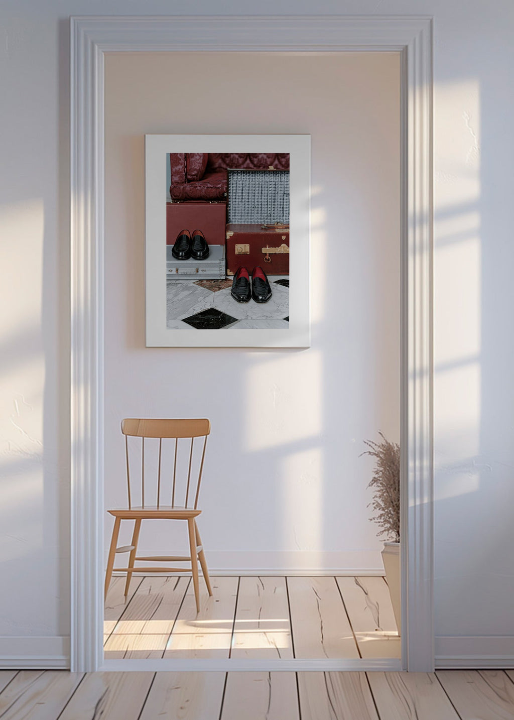 Rejseplakat med vintage-kufferter og polerede loafers