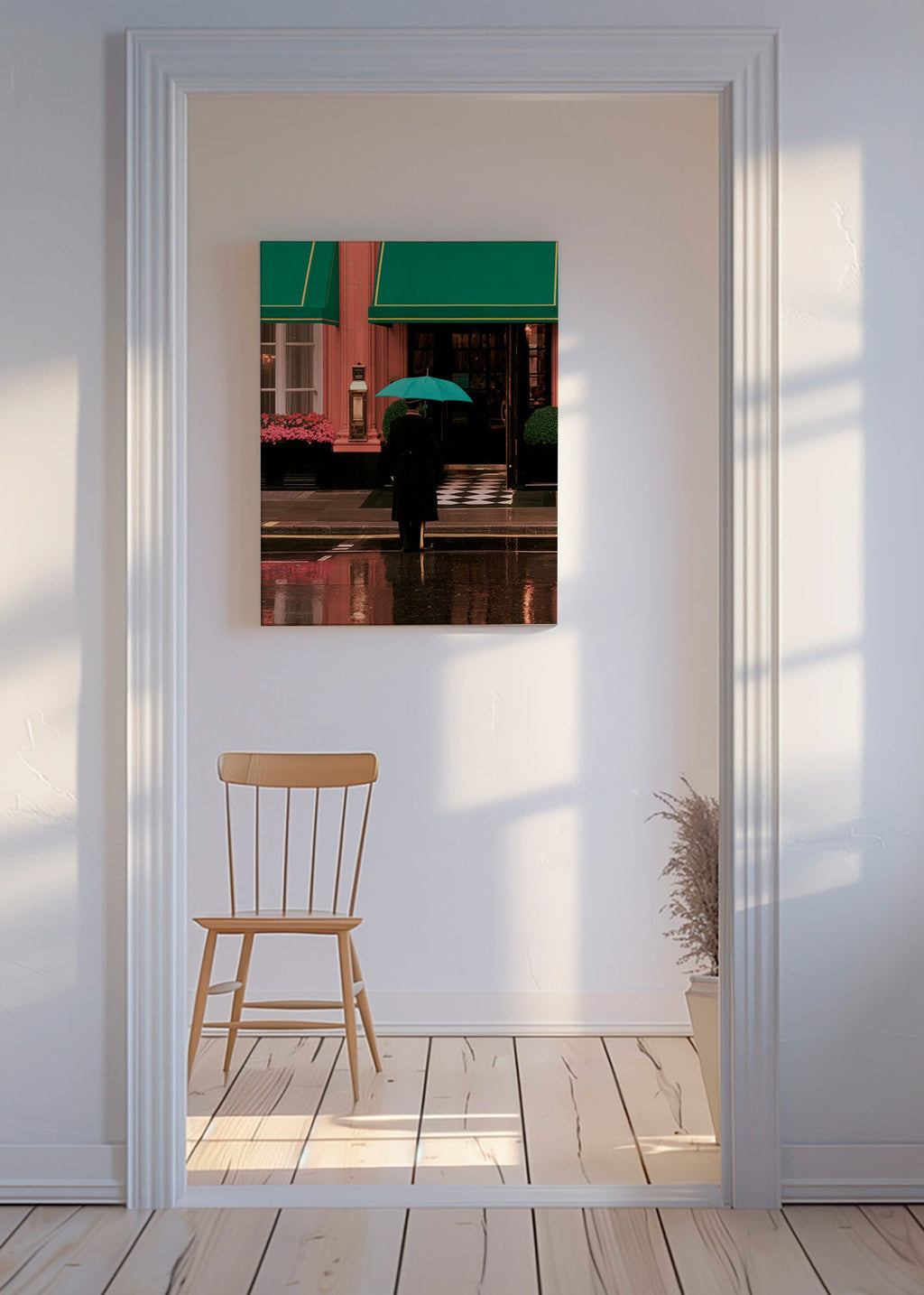 Byfotografi: figur med paraply og refleksioner