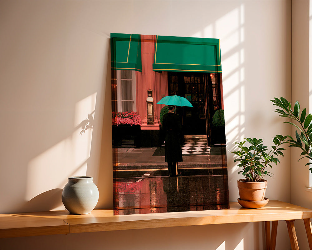 Byfotografi: figur med paraply og refleksioner