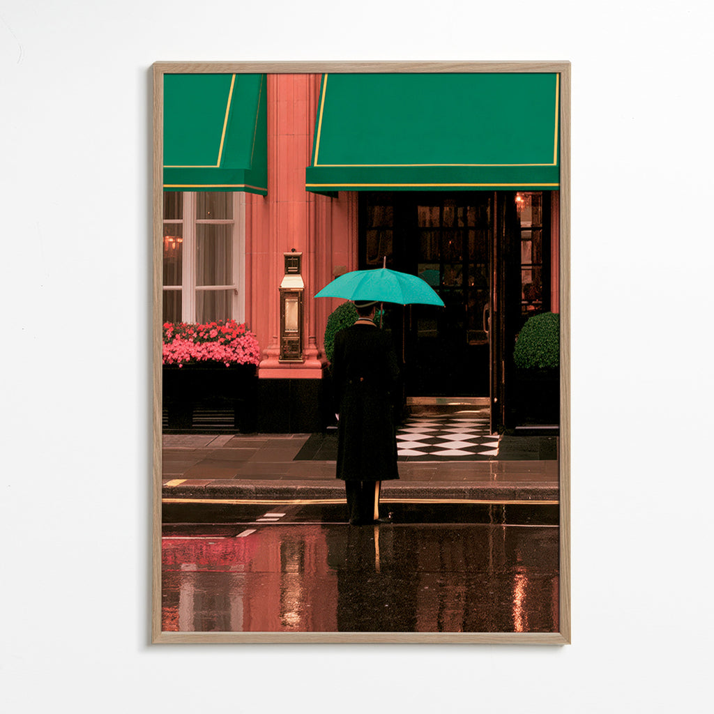 Byfotografi: figur med paraply og refleksioner