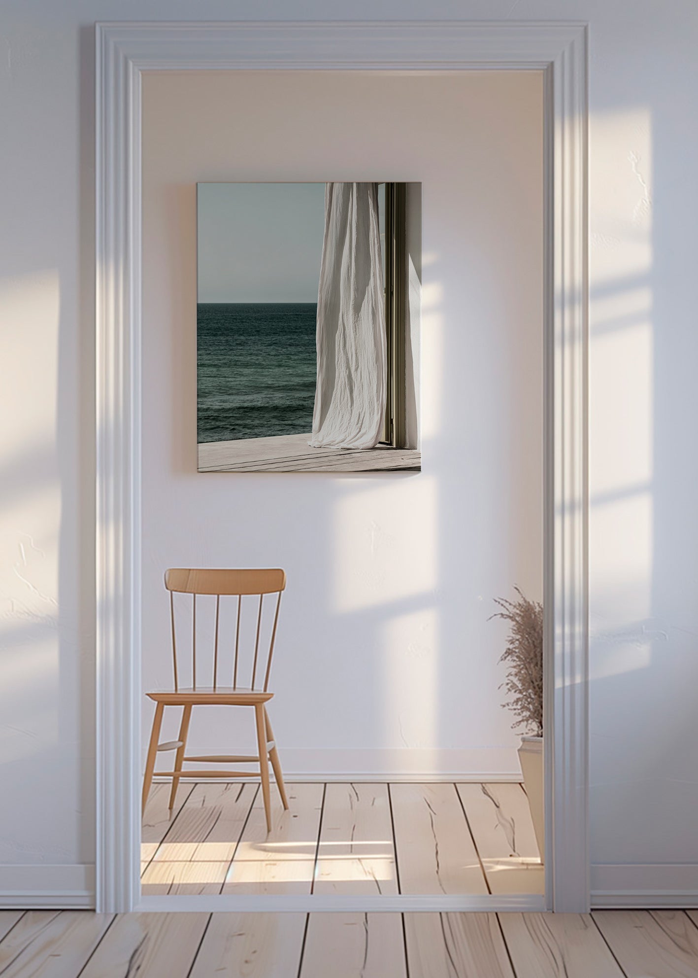Landskabstavle med gardin ved havet
