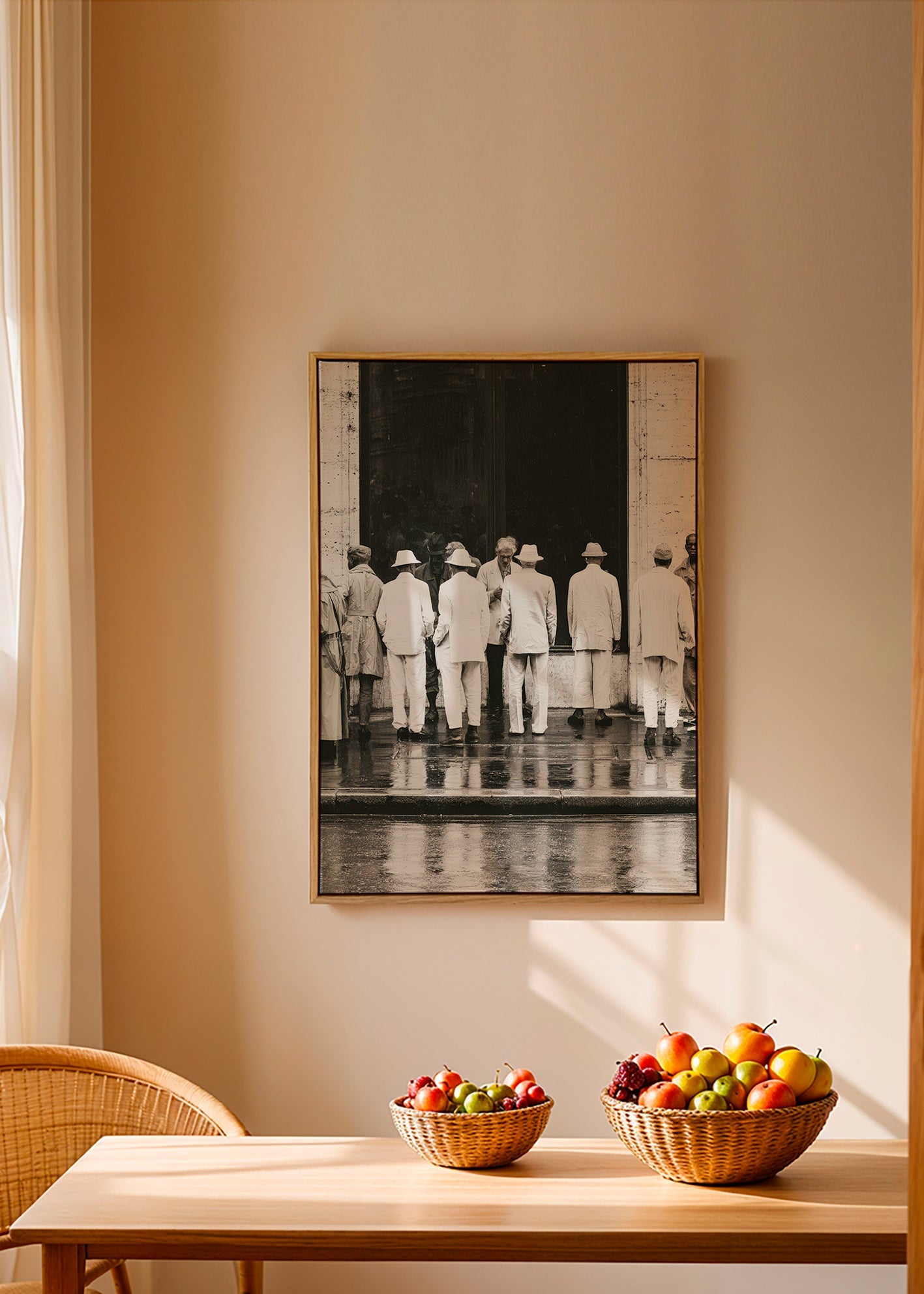 Sort-hvid fotografi af mænd bagfra i regnvejr