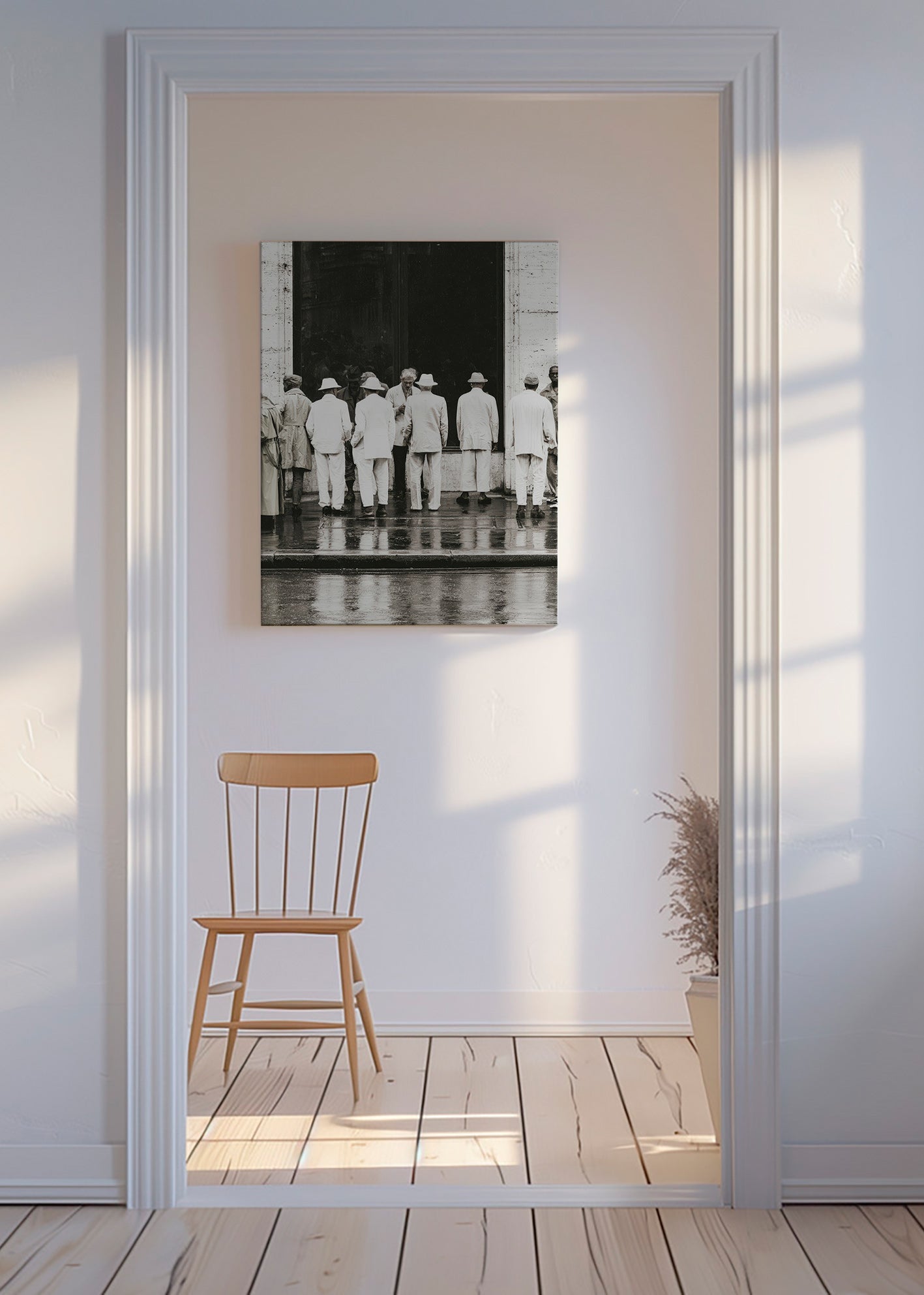 Sort-hvid fotografi af mænd bagfra i regnvejr