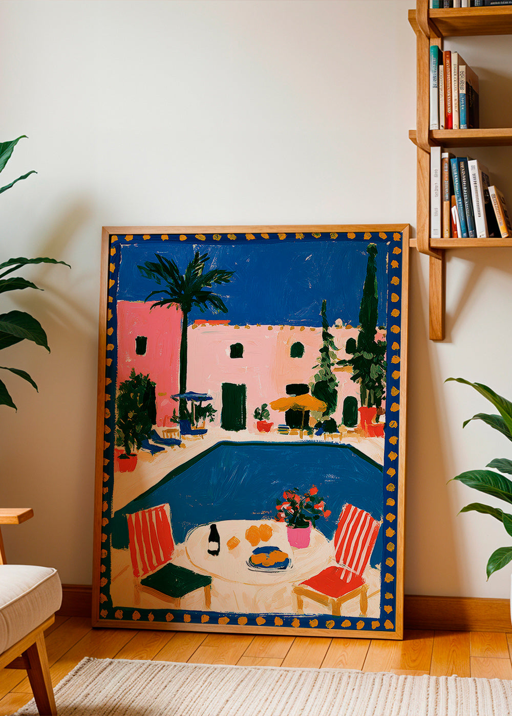 Rejseplakat: lyserød villa med pool