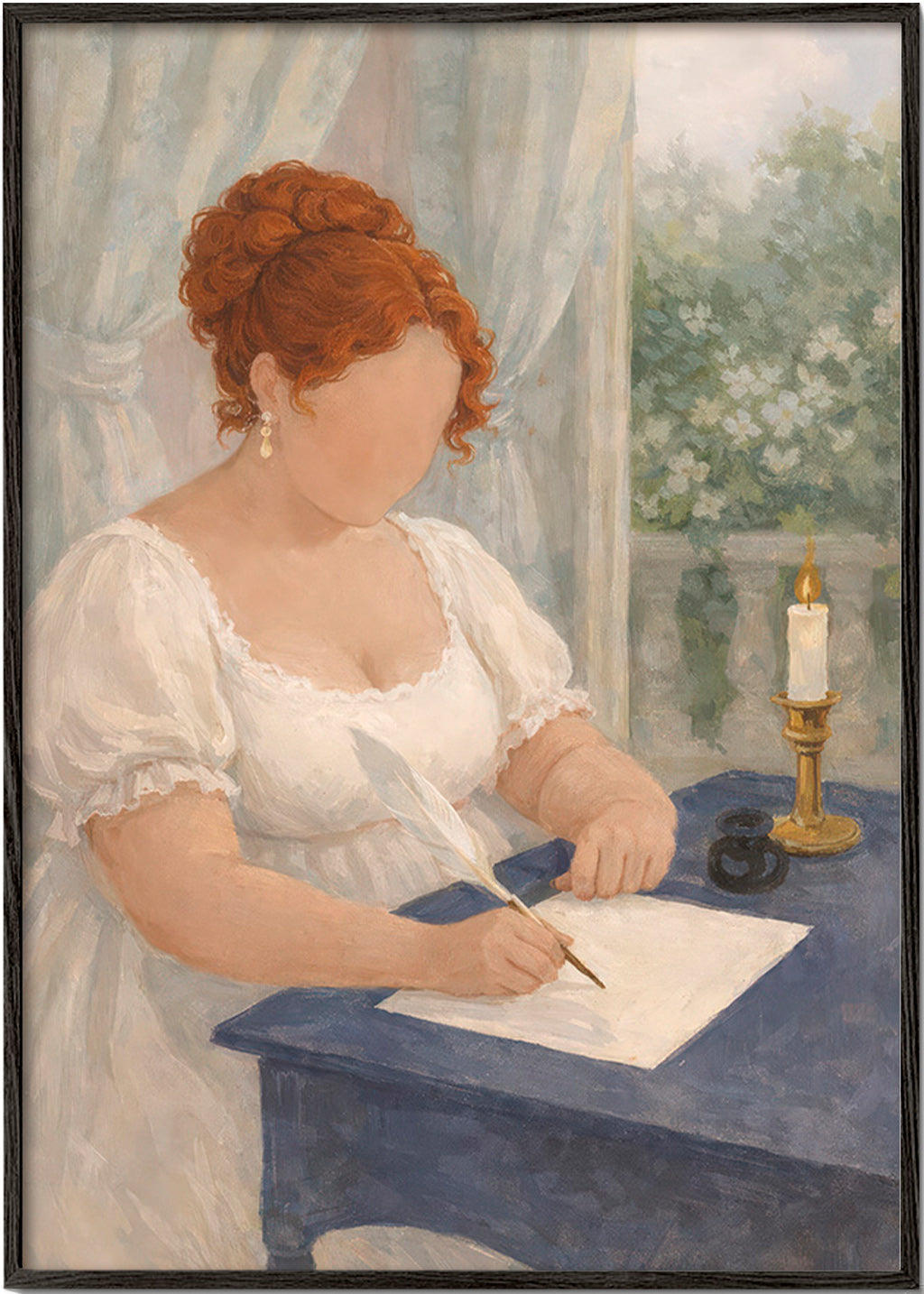 Illustration af dame, der skriver ved stearinlys