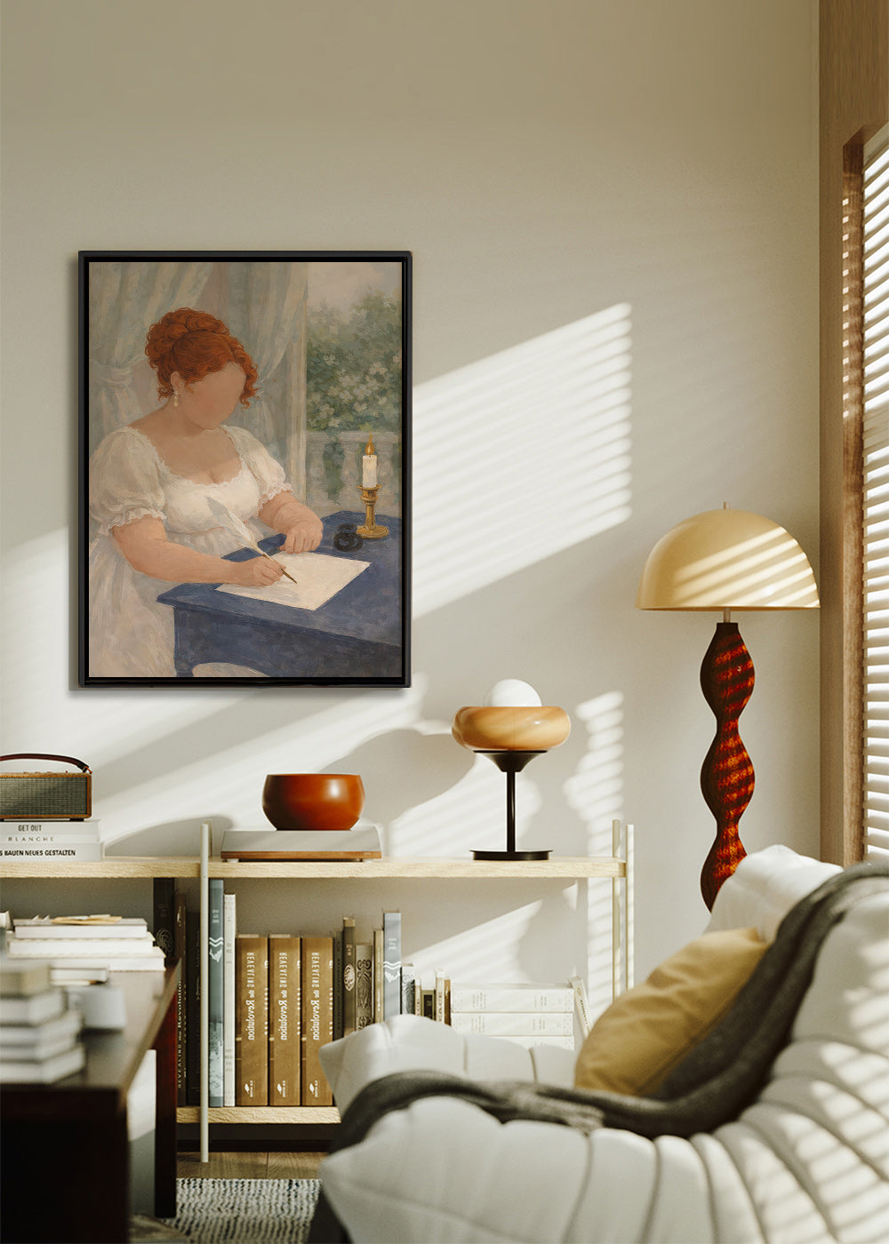Illustration af dame, der skriver ved stearinlys