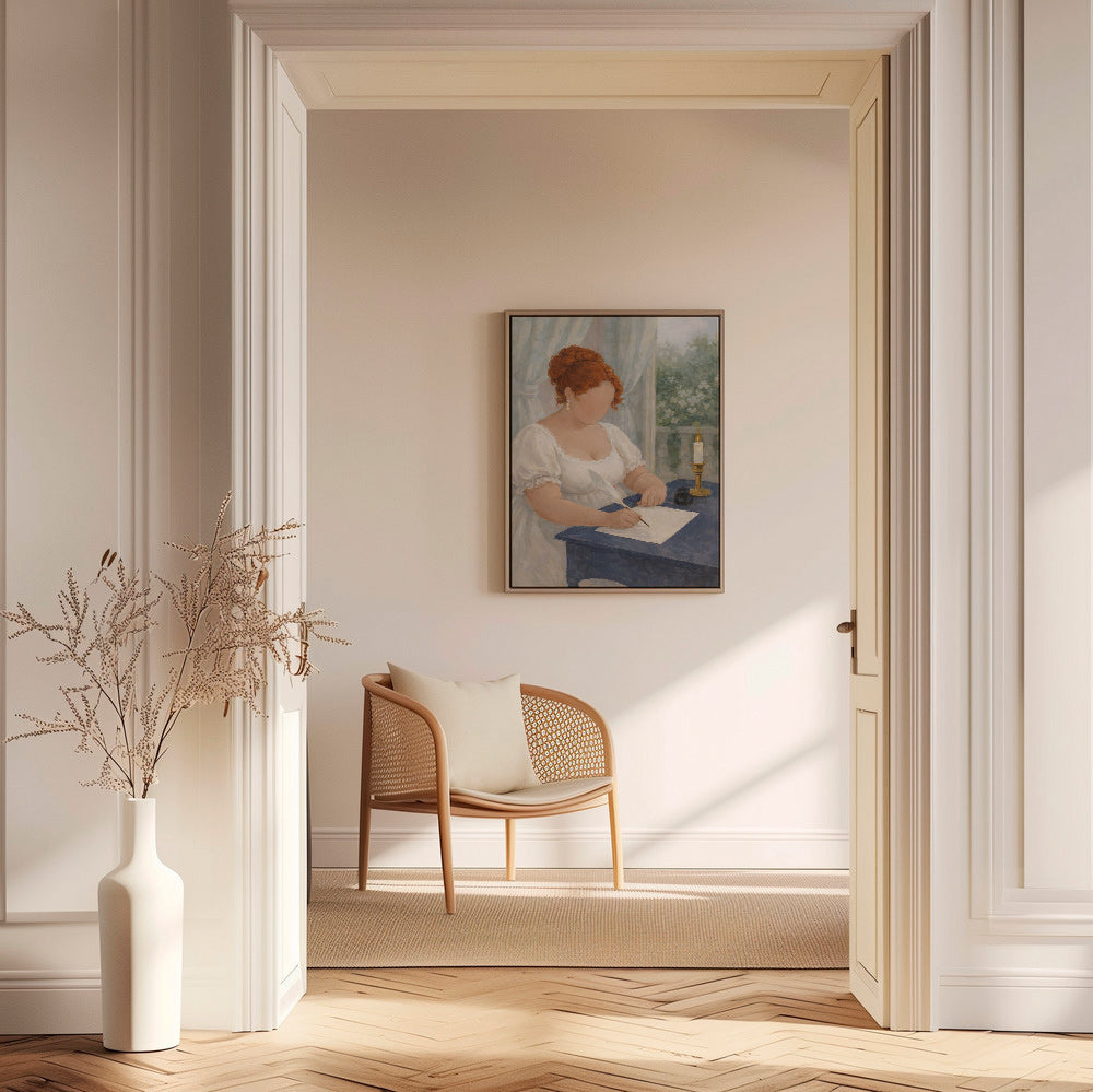 Illustration af dame, der skriver ved stearinlys