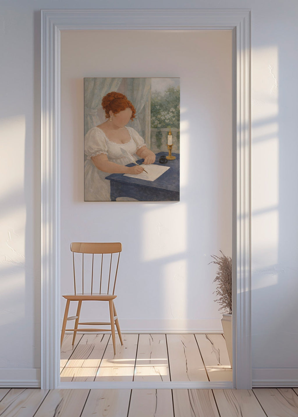 Illustration af dame, der skriver ved stearinlys