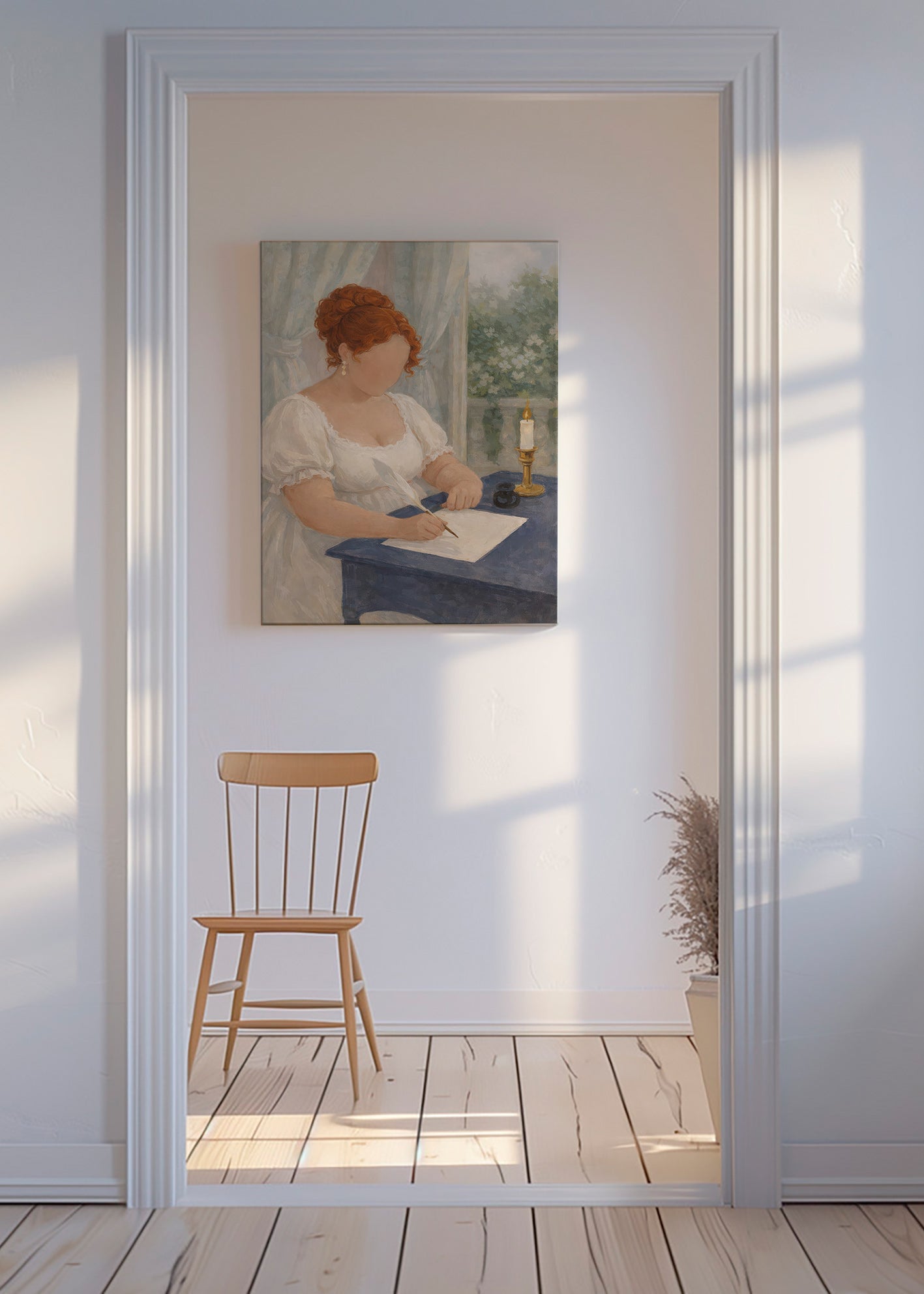 Illustration af dame, der skriver ved stearinlys