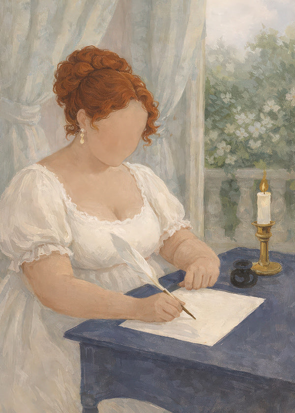 Illustration af dame, der skriver ved stearinlys