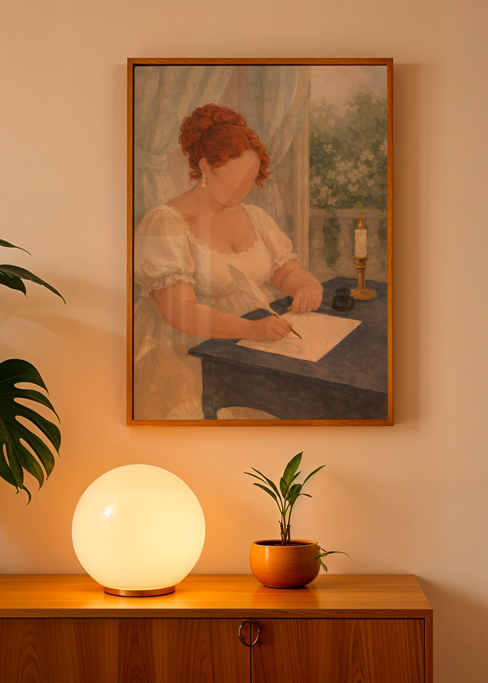 Illustration af dame, der skriver ved stearinlys