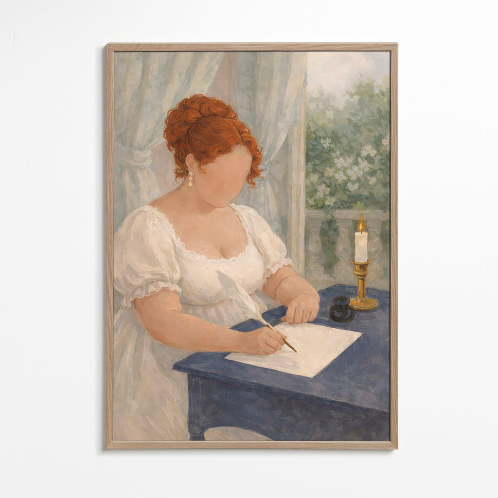 Illustration af dame, der skriver ved stearinlys