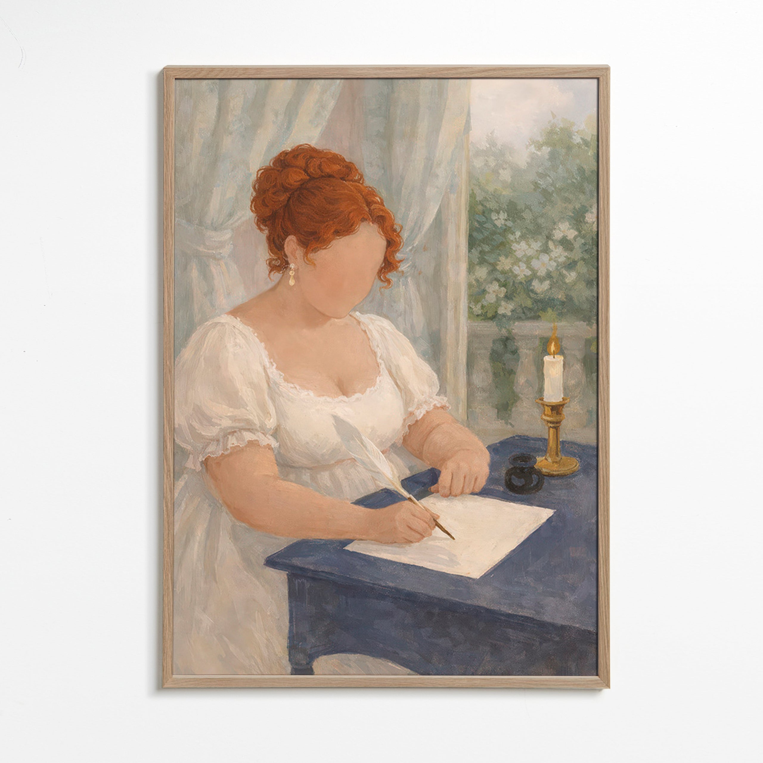 Illustration af dame, der skriver ved stearinlys